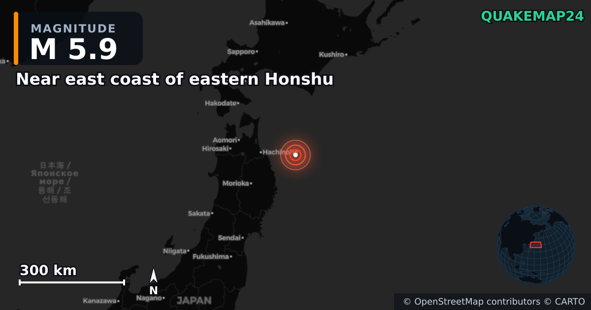 M5.9 earthquake near Near east coast of eastern Honshu on Apr 21, 2026 — map of epicenter and shaking intensity | QuakeMap24