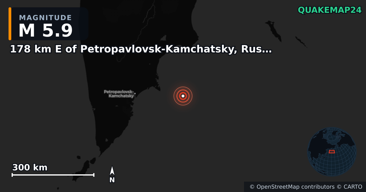 M5.9 earthquake near 178 km E of Petropavlovsk-Kamchatsky, Russia on Sep 19, 2025 — map of epicenter and shaking intensity | QuakeMap24