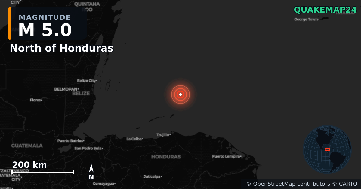 North of Honduras yakınında M5,0 deprem — Deprem merkez üssünün konumunu gösteren harita