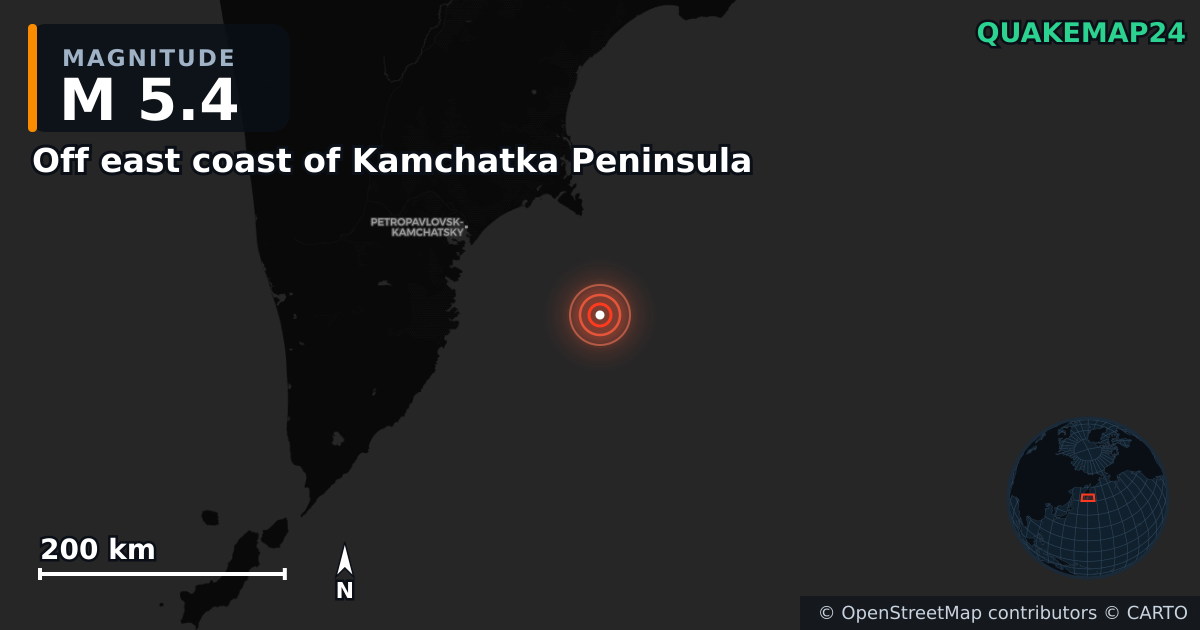 M5.4 earthquake near Off east coast of Kamchatka Peninsula on Nov 4, 2025 — map of epicenter and shaking intensity | QuakeMap24