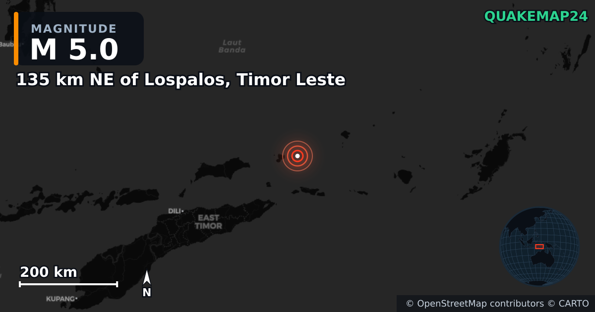 M5.0 earthquake near 135 km NE of Lospalos, Timor Leste on Mar 13, 2025 — map of epicenter and shaking intensity | QuakeMap24