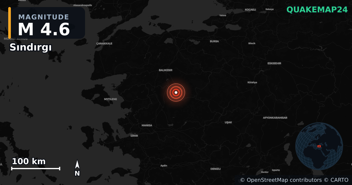 M4.6 earthquake near Sındırgı on Sep 22, 2025 — map of epicenter and shaking intensity | QuakeMap24