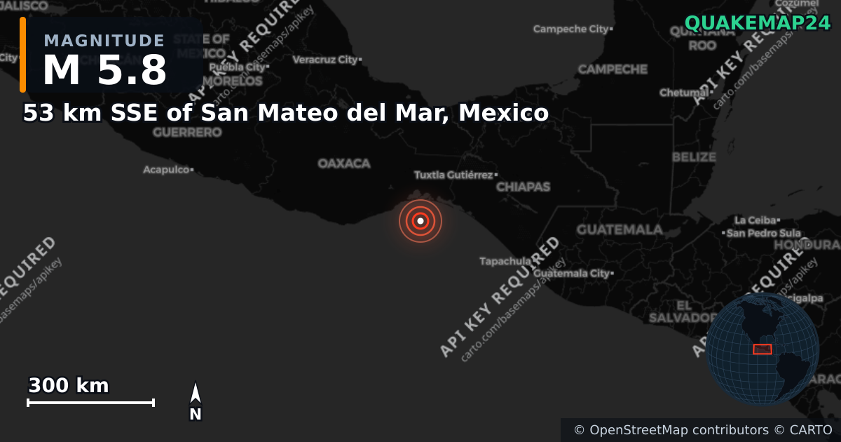 M5.8 earthquake near 53 km SSE of San Mateo del Mar, Mexico on Mar 5, 2025 — map of epicenter and shaking intensity | QuakeMap24