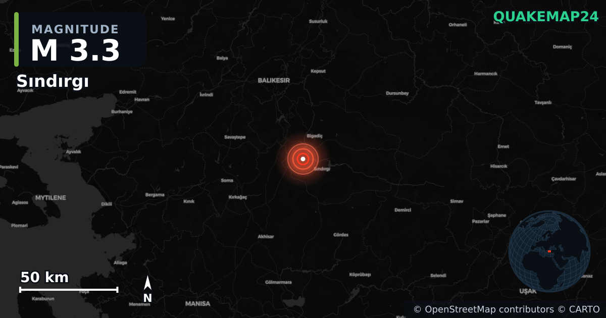 M3.3 earthquake near Sındırgı on Aug 16, 2025 — map of epicenter and shaking intensity | QuakeMap24
