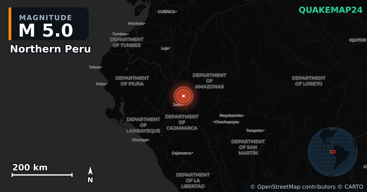 Northern Peru yakınında M5,0 deprem — Deprem merkez üssünün konumunu gösteren harita