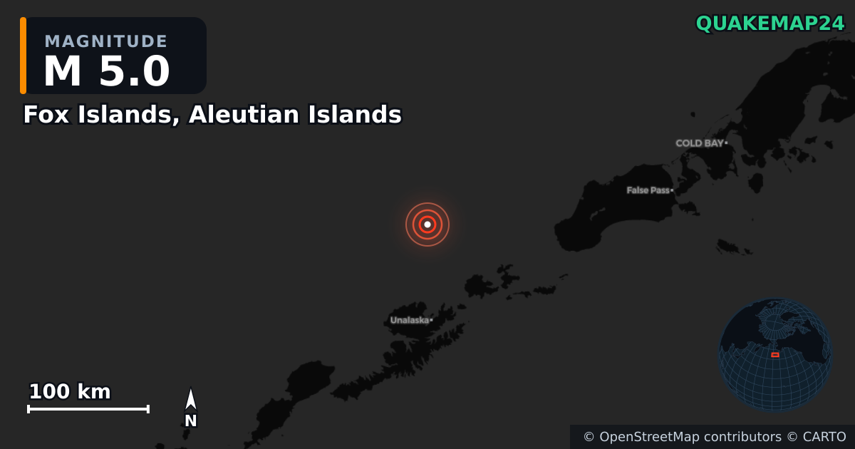 M5.0 earthquake near Fox Islands, Aleutian Islands on May 5, 2026 — map of epicenter and shaking intensity | QuakeMap24