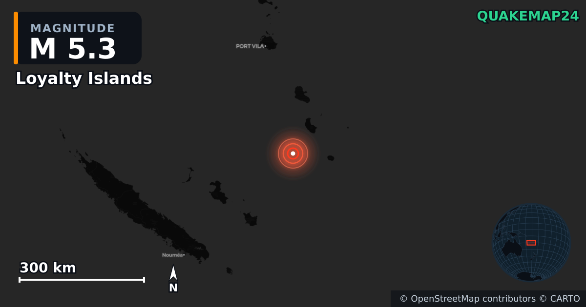 M5.3 earthquake near Loyalty Islands on Sep 25, 2025 — map of epicenter and shaking intensity | QuakeMap24