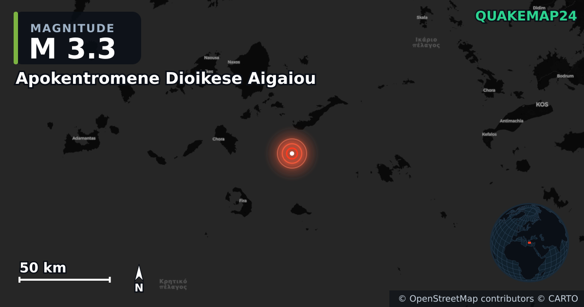 M3.3 earthquake near Apokentromene Dioikese Aigaiou on Sep 15, 2025 — map of epicenter and shaking intensity | QuakeMap24