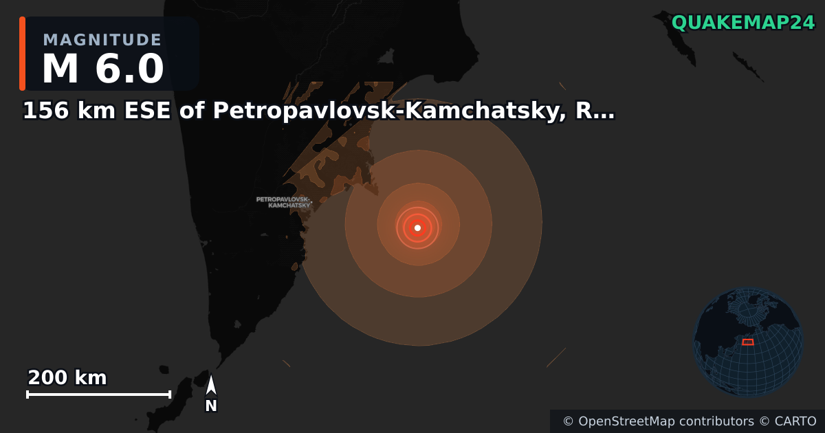 M6.0 earthquake near 156 km ESE of Petropavlovsk-Kamchatsky, Russia on Jun 19, 2026 — map of epicenter and shaking intensity | QuakeMap24
