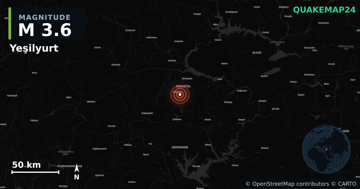 M3.6 earthquake near Yeşilyurt on Jan 12, 2026 — map of epicenter and shaking intensity | QuakeMap24