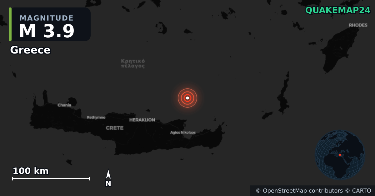 M3.9 earthquake near Greece on Jul 16, 2026 — map of epicenter and shaking intensity | QuakeMap24