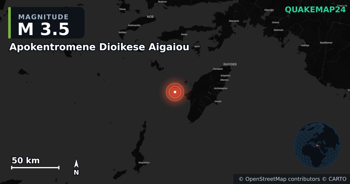 M3.5 earthquake near Apokentromene Dioikese Aigaiou on Jun 19, 2025 — map of epicenter and shaking intensity | QuakeMap24