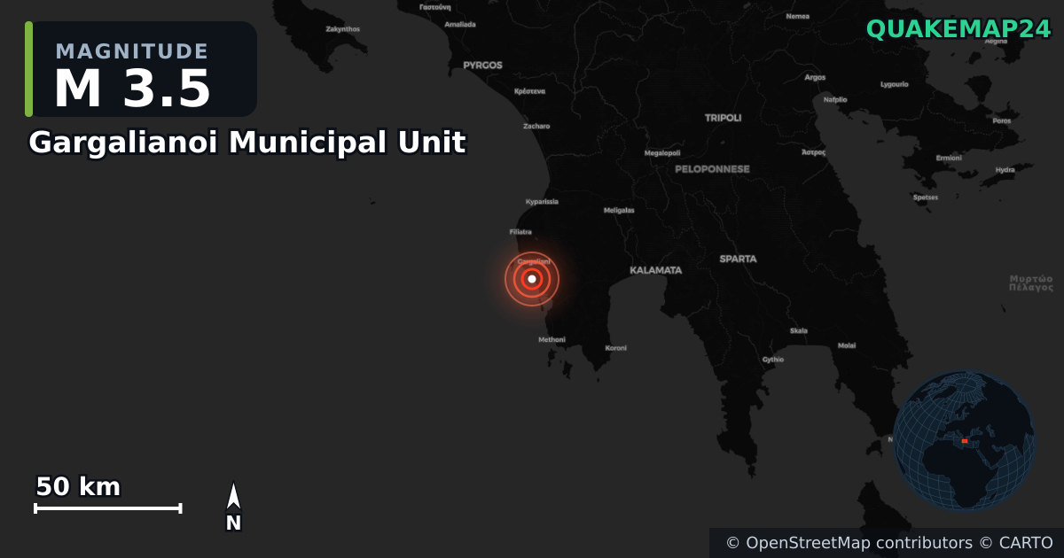 M3.5 earthquake near Gargalianoi Municipal Unit on Jul 8, 2026 — map of epicenter and shaking intensity | QuakeMap24