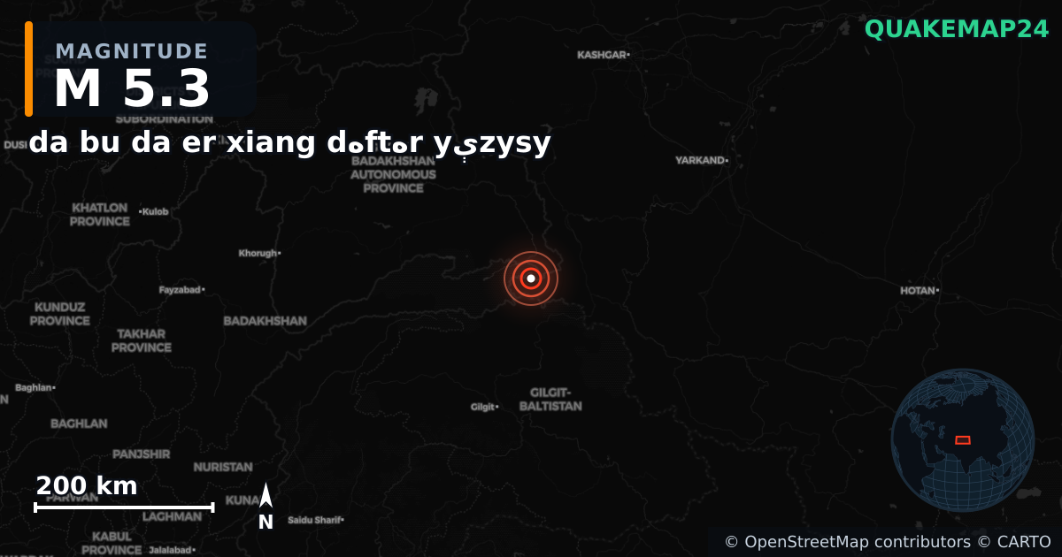 M5.3 earthquake near da bu da er xiang dەftەr yېzysy on Jan 8, 2026 — map of epicenter and shaking intensity | QuakeMap24