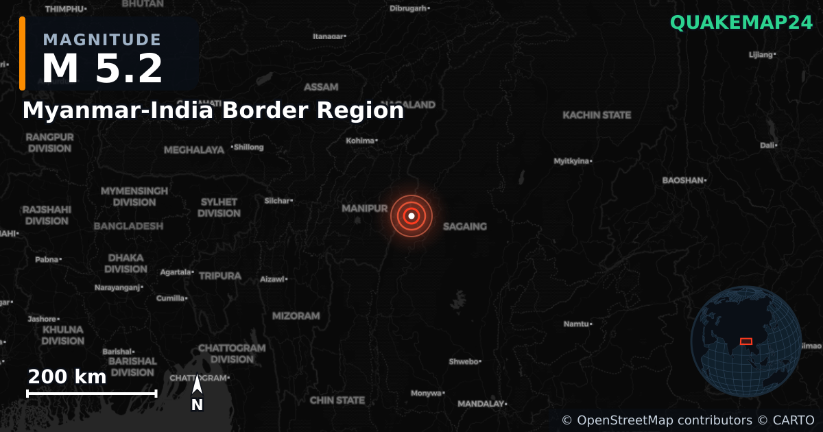 M5.2 earthquake near Myanmar-India Border Region on Apr 21, 2026 — map of epicenter and shaking intensity | QuakeMap24
