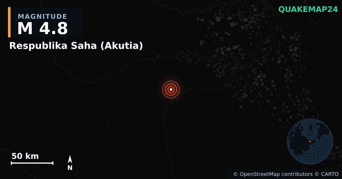 M4.8 earthquake near Respublika Saha (Akutia) on Nov 4, 2025 — map of epicenter and shaking intensity | QuakeMap24