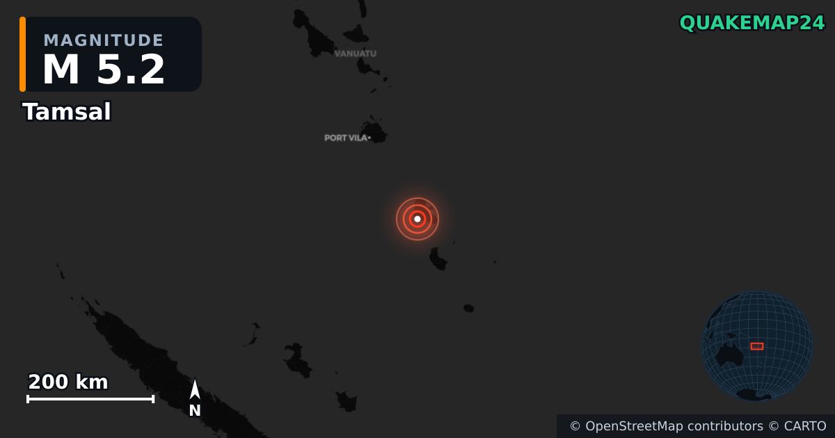 M5.2 earthquake near Tamsal on Jun 11, 2026 — map of epicenter and shaking intensity | QuakeMap24