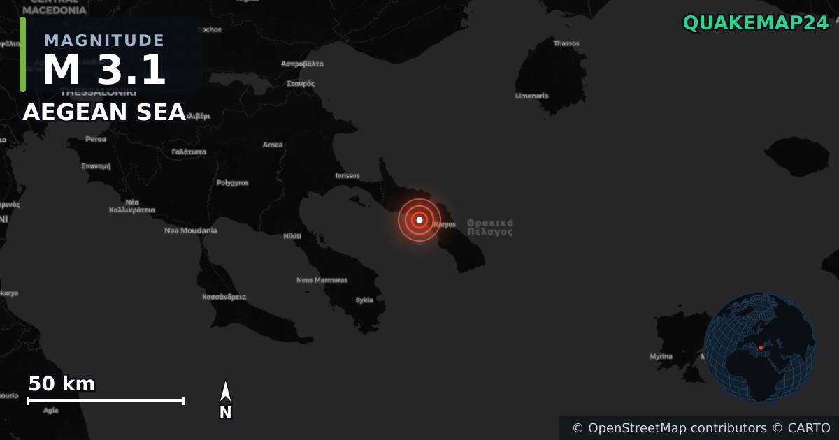 M3.1 earthquake near AEGEAN SEA on Jun 7, 2025 — map of epicenter and shaking intensity | QuakeMap24