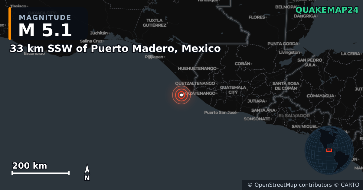 Σεισμός M5,1 κοντά στο 33 km SSW of Puerto Madero, Mexico · 2026-07-17 — Χάρτης της θέσης του επικέντρου