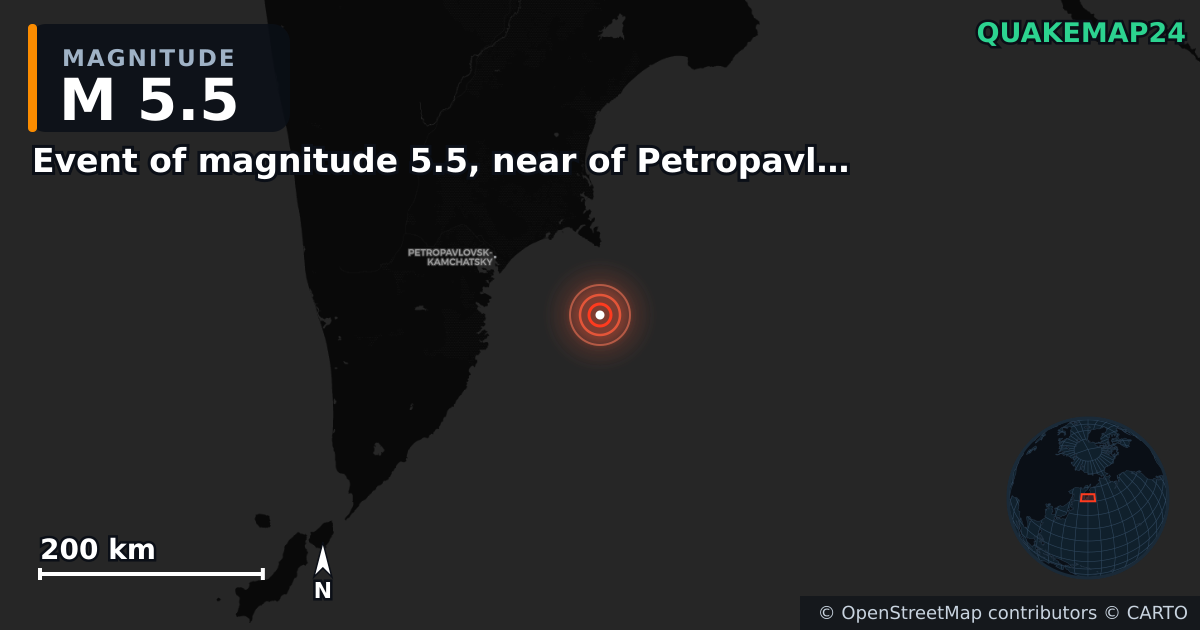 M5.5 earthquake near Event of magnitude 5.5, near of Petropavlovsk Kamchatskiy (Monde) on Nov 4, 2025 — map of epicenter and shaking intensity | QuakeMap24