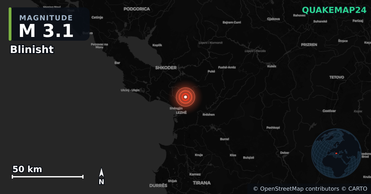 M3.1 earthquake near Blinisht on Apr 21, 2026 — map of epicenter and shaking intensity | QuakeMap24