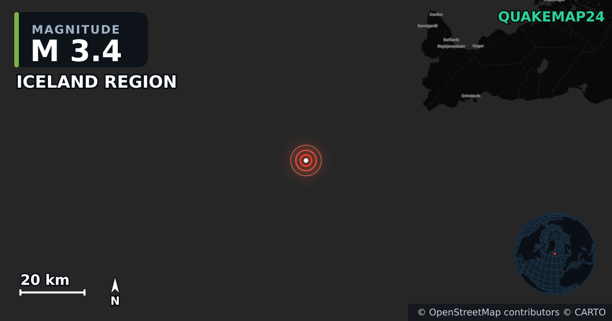 M3.4 earthquake near ICELAND REGION on Aug 6, 2025 — map of epicenter and shaking intensity | QuakeMap24
