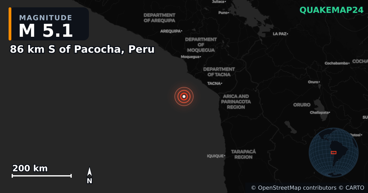 Erdbeben M5,1 bei 86 km S of Pacocha, Peru — Karte der Lage des Epizentrums