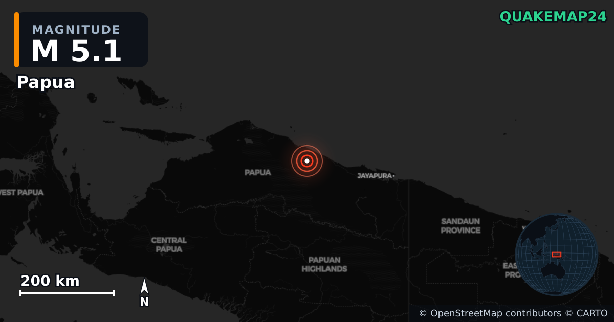 M5.1 earthquake near Papua on Oct 16, 2025 — map of epicenter and shaking intensity | QuakeMap24