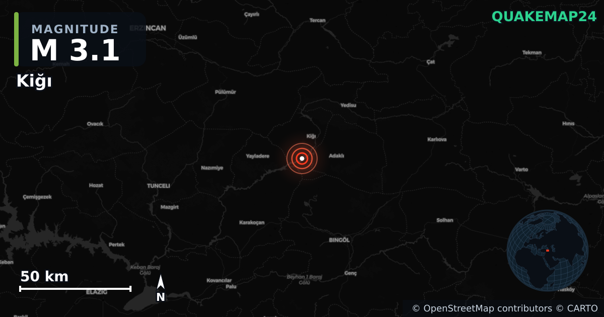 M3.1 earthquake near Kiğı on Jun 1, 2025 — map of epicenter and shaking intensity | QuakeMap24