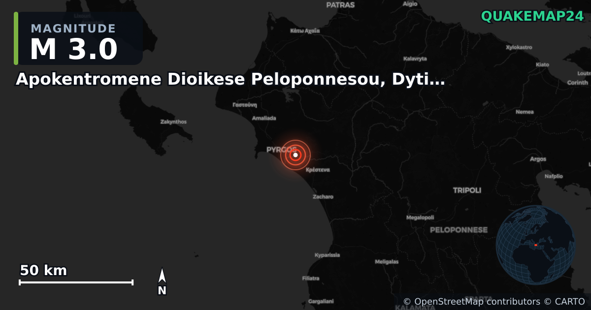 M3.0 earthquake near Apokentromene Dioikese Peloponnesou, Dytikes Elladas kai Ioniou on Jul 11, 2025 — map of epicenter and shaking intensity | QuakeMap24