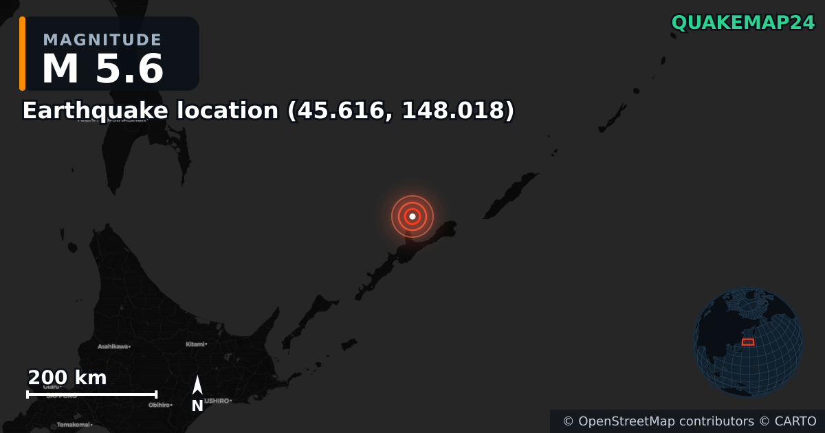 M5.6 earthquake near Τοποθεσία σεισμού (45.616, 148.018) on Dec 21, 2025 — map of epicenter and shaking intensity | QuakeMap24