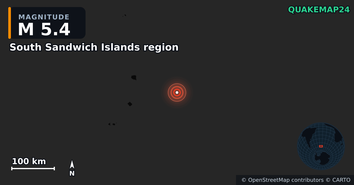 M5.4 earthquake near South Sandwich Islands region on Sep 19, 2025 — map of epicenter and shaking intensity | QuakeMap24