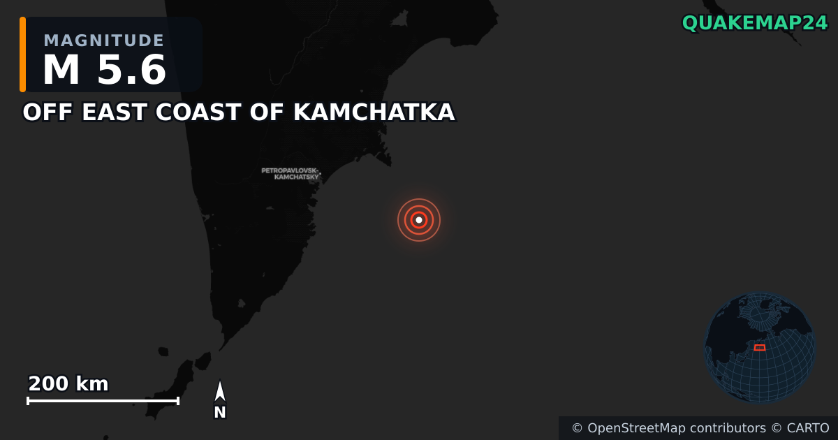 M5.6 earthquake near OFF EAST COAST OF KAMCHATKA on Jul 30, 2025 — map of epicenter and shaking intensity | QuakeMap24