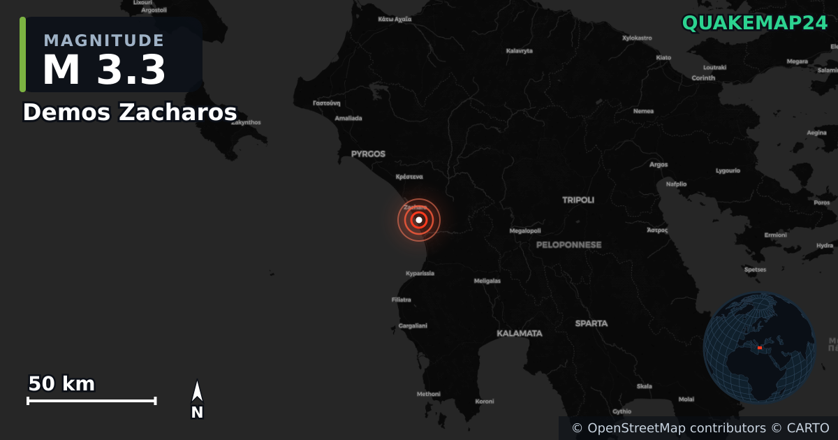 M3.3 earthquake near Demos Zacharos on Jan 3, 2026 — map of epicenter and shaking intensity | QuakeMap24