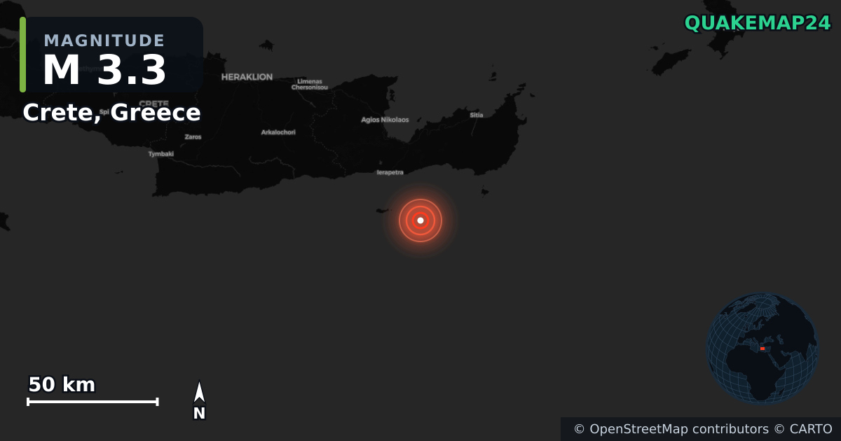 M3.3 earthquake near Crete, Greece on Oct 5, 2025 — map of epicenter and shaking intensity | QuakeMap24