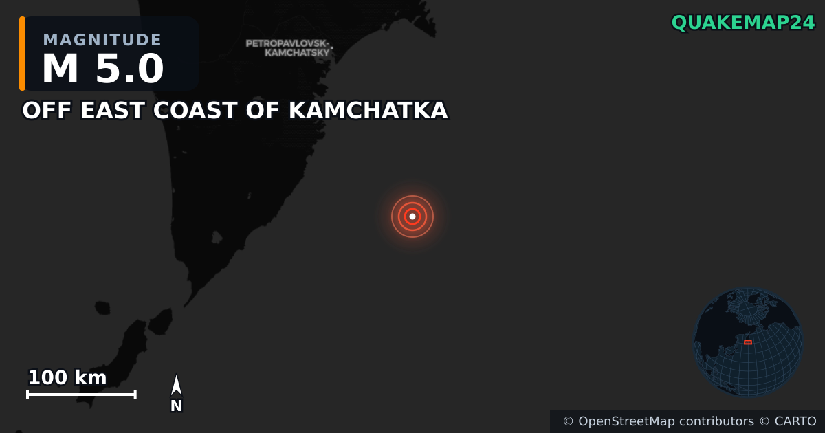 M5.0 earthquake near OFF EAST COAST OF KAMCHATKA on Aug 11, 2025 — map of epicenter and shaking intensity | QuakeMap24