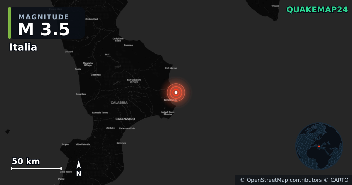 M3.5 earthquake near Italia on Feb 25, 2026 — map of epicenter and shaking intensity | QuakeMap24