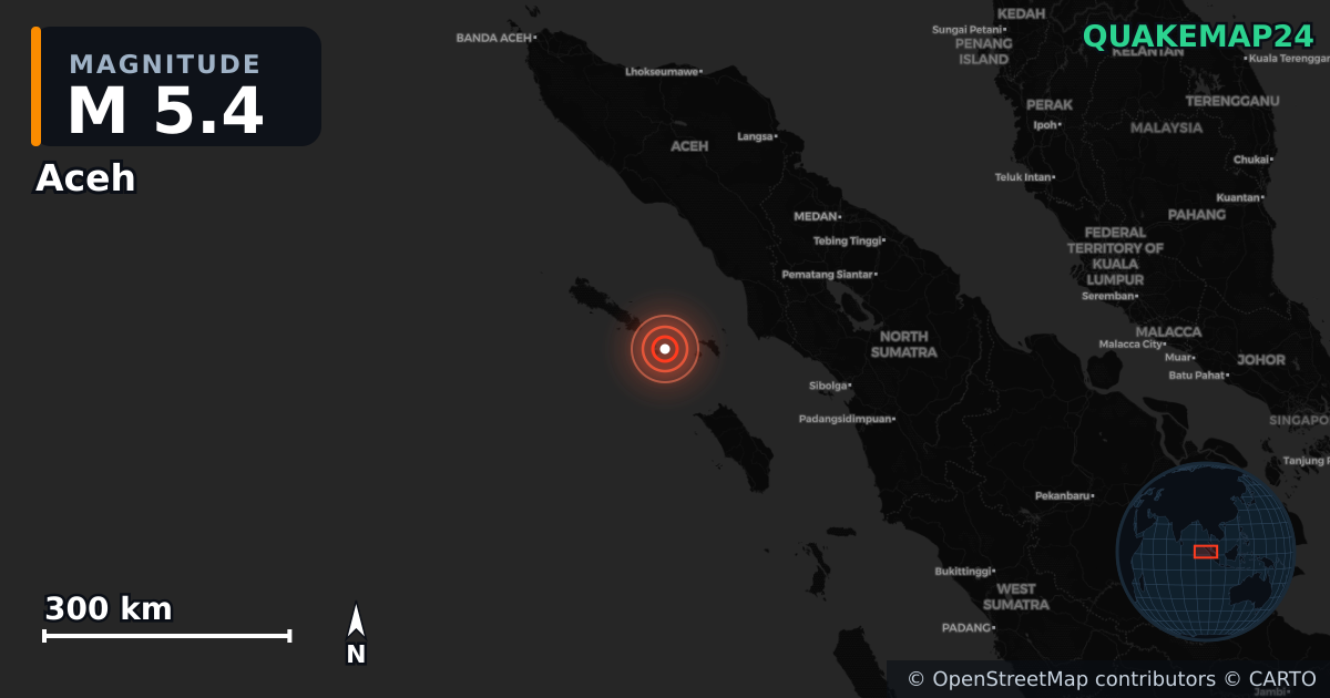 M5.4 earthquake near Aceh on Aug 23, 2025 — map of epicenter and shaking intensity | QuakeMap24