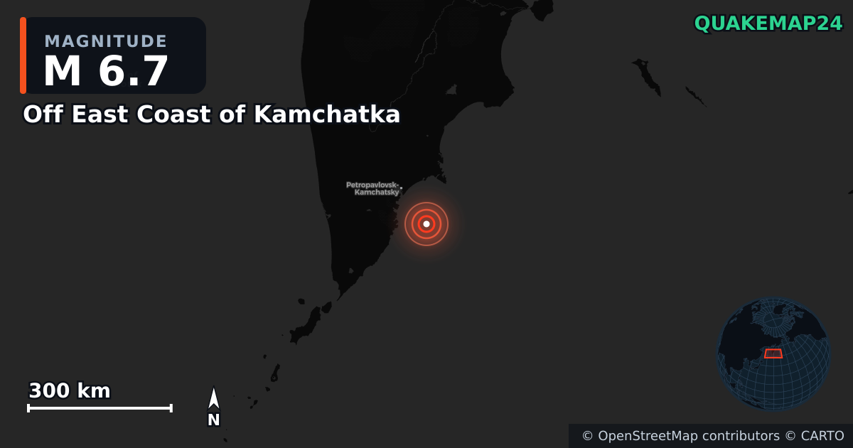 M6.7 earthquake near Off East Coast of Kamchatka on Jul 30, 2025 — map of epicenter and shaking intensity | QuakeMap24