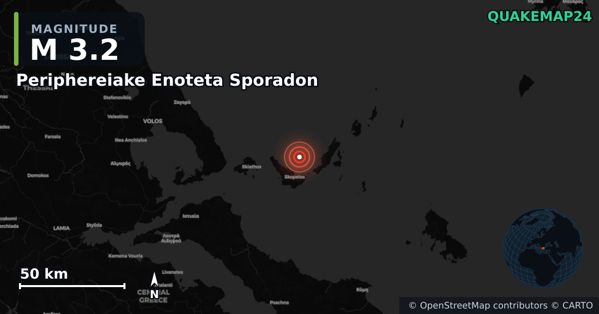 M3.2 earthquake near Periphereiake Enoteta Sporadon on Feb 18, 2026 — map of epicenter and shaking intensity | QuakeMap24