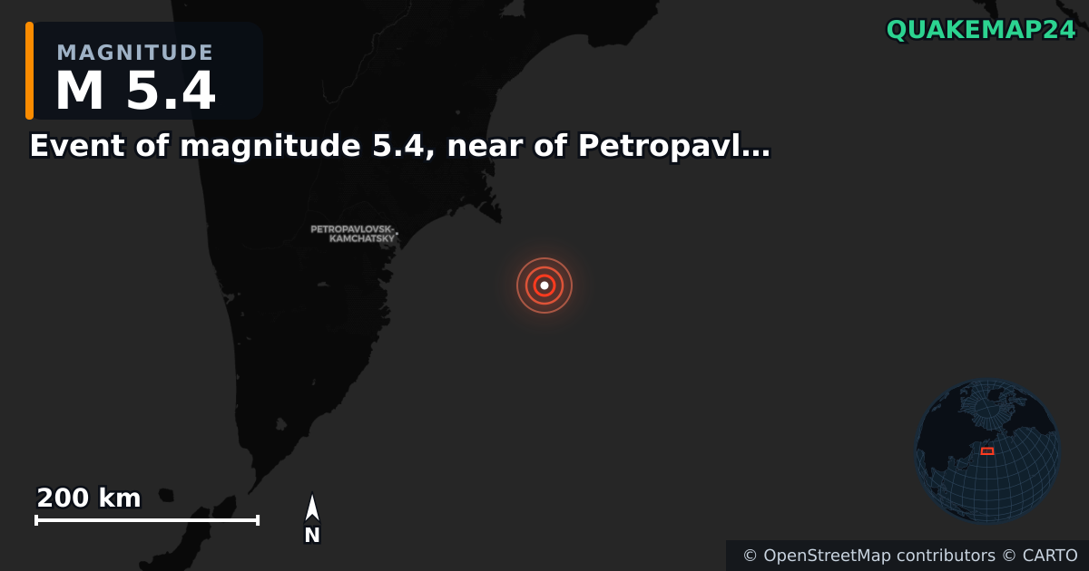 M5.4 earthquake near Event of magnitude 5.4, near of Petropavlovsk Kamchatskiy (Monde) on Sep 19, 2025 — map of epicenter and shaking intensity | QuakeMap24