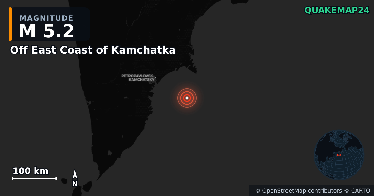 M5.2 earthquake near Off East Coast of Kamchatka on Nov 3, 2025 — map of epicenter and shaking intensity | QuakeMap24