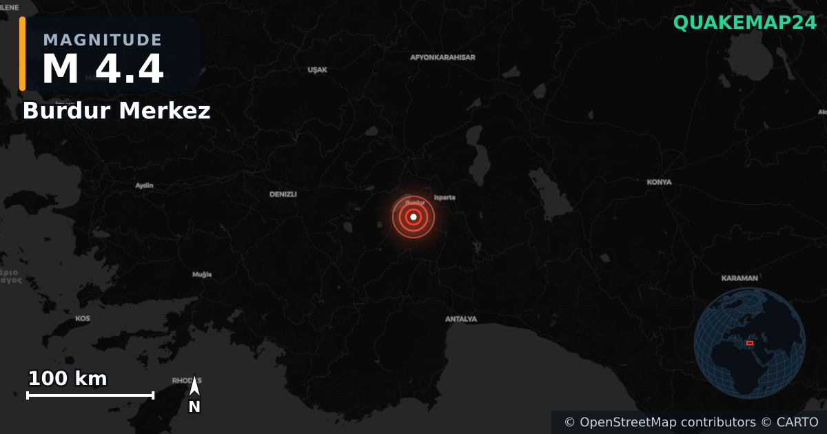M4.4 earthquake near Burdur Merkez on Apr 7, 2026 — map of epicenter and shaking intensity | QuakeMap24