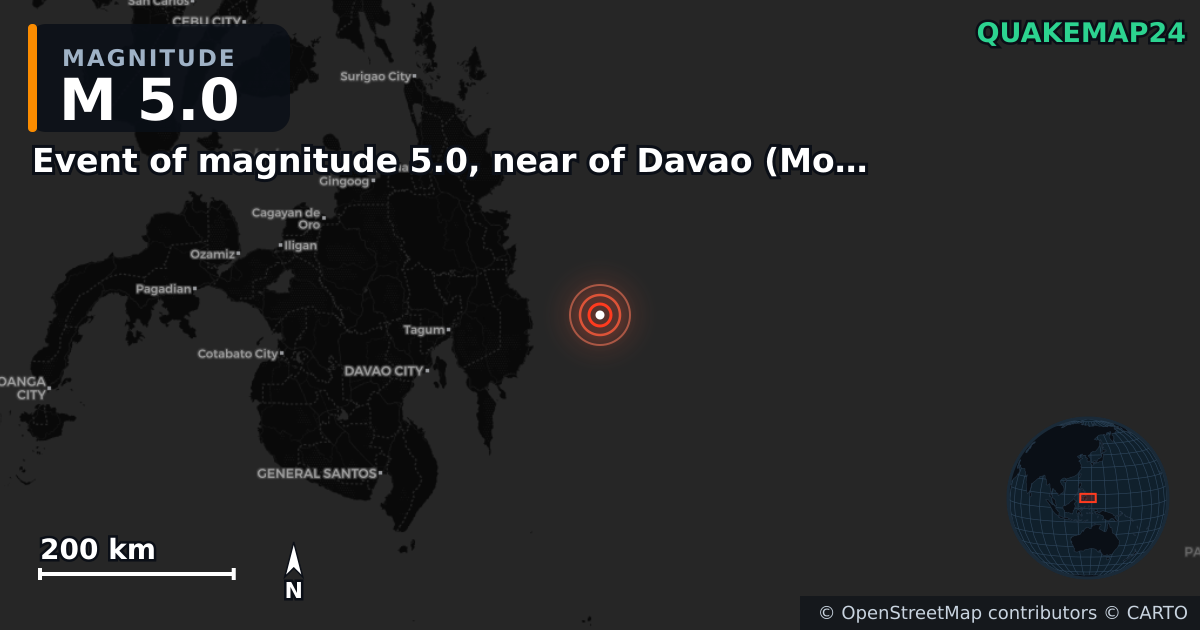 M5.0 earthquake near Event of magnitude 5.0, near of Davao (Monde) on Oct 10, 2025 — map of epicenter and shaking intensity | QuakeMap24