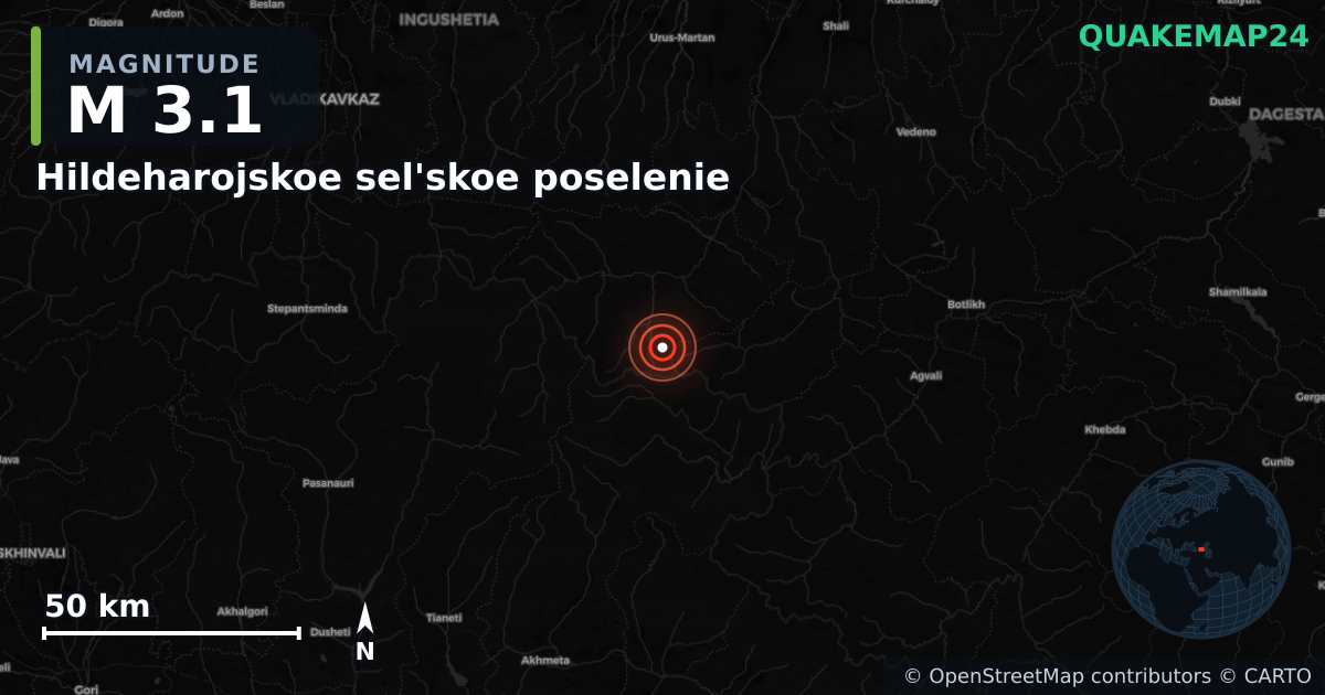 M3.1 earthquake near Hildeharojskoe sel'skoe poselenie on Aug 8, 2026 — map of epicenter and shaking intensity | QuakeMap24