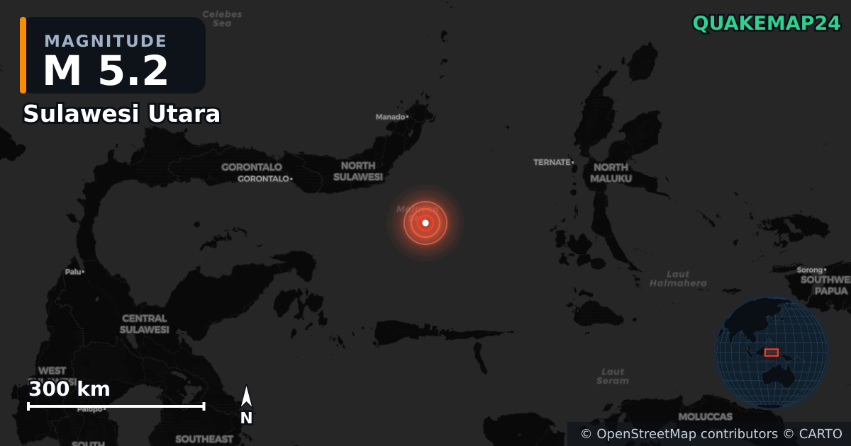 M5.2 earthquake near Sulawesi Utara on Jun 6, 2026 — map of epicenter and shaking intensity | QuakeMap24