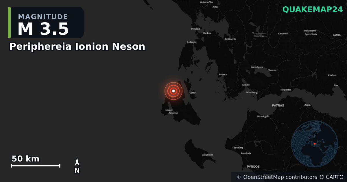 M3.5 earthquake near Periphereia Ionion Neson on Dec 18, 2025 — map of epicenter and shaking intensity | QuakeMap24