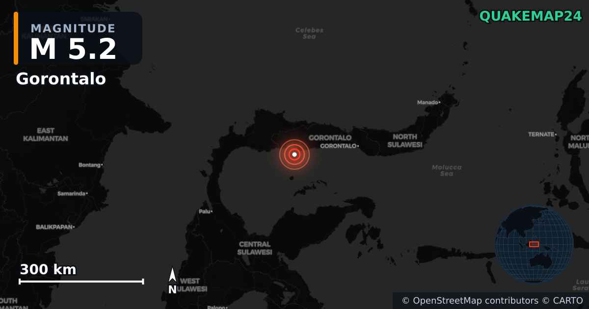 M5.2 earthquake near Gorontalo on May 3, 2025 — map of epicenter and shaking intensity | QuakeMap24