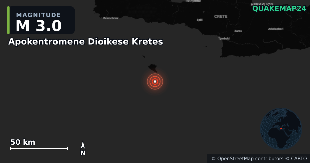 M3.0 earthquake near Apokentromene Dioikese Kretes on Aug 9, 2025 — map of epicenter and shaking intensity | QuakeMap24