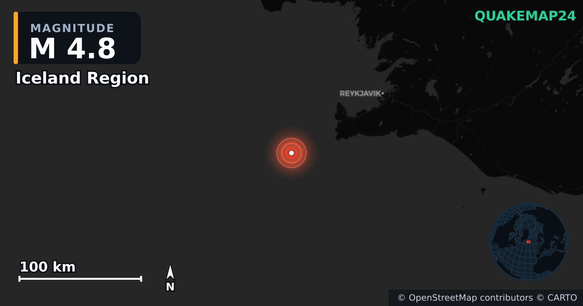 M4.8 earthquake near Iceland Region on May 24, 2025 — map of epicenter and shaking intensity | QuakeMap24